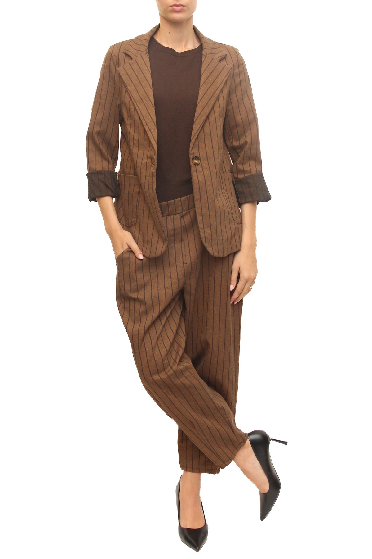 LEVH - Pantalone Perlie - Gessato marrone/tdm