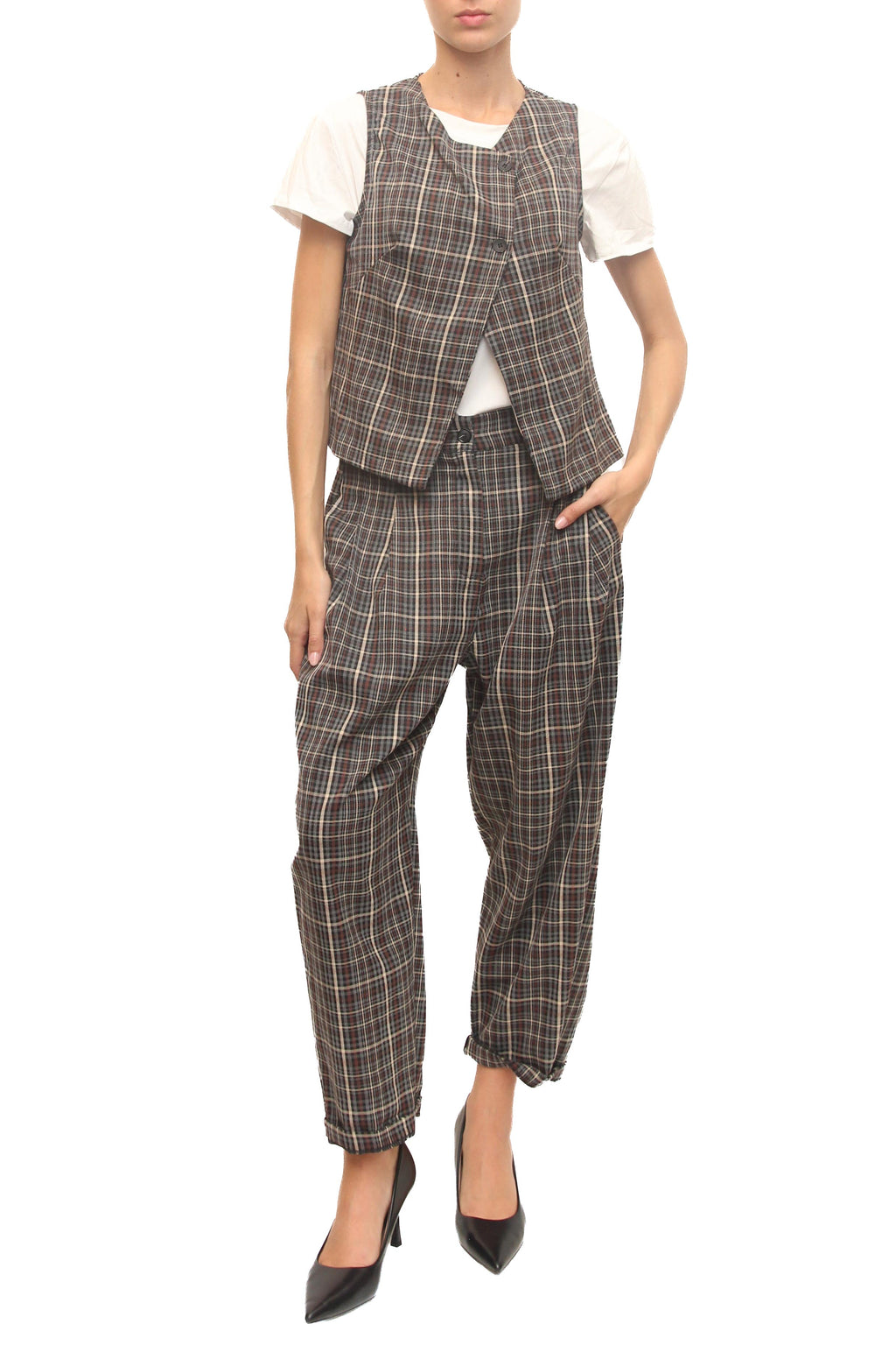 LEVH - Pantalone Pati - Quadro grigio/marrone