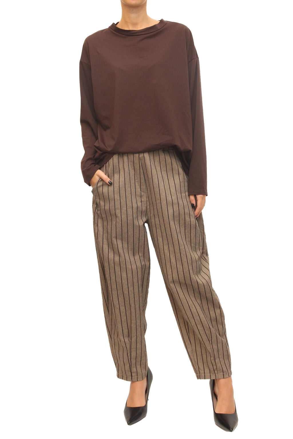 LEVH - Pantalone Pavla - Gessato beige/marrone