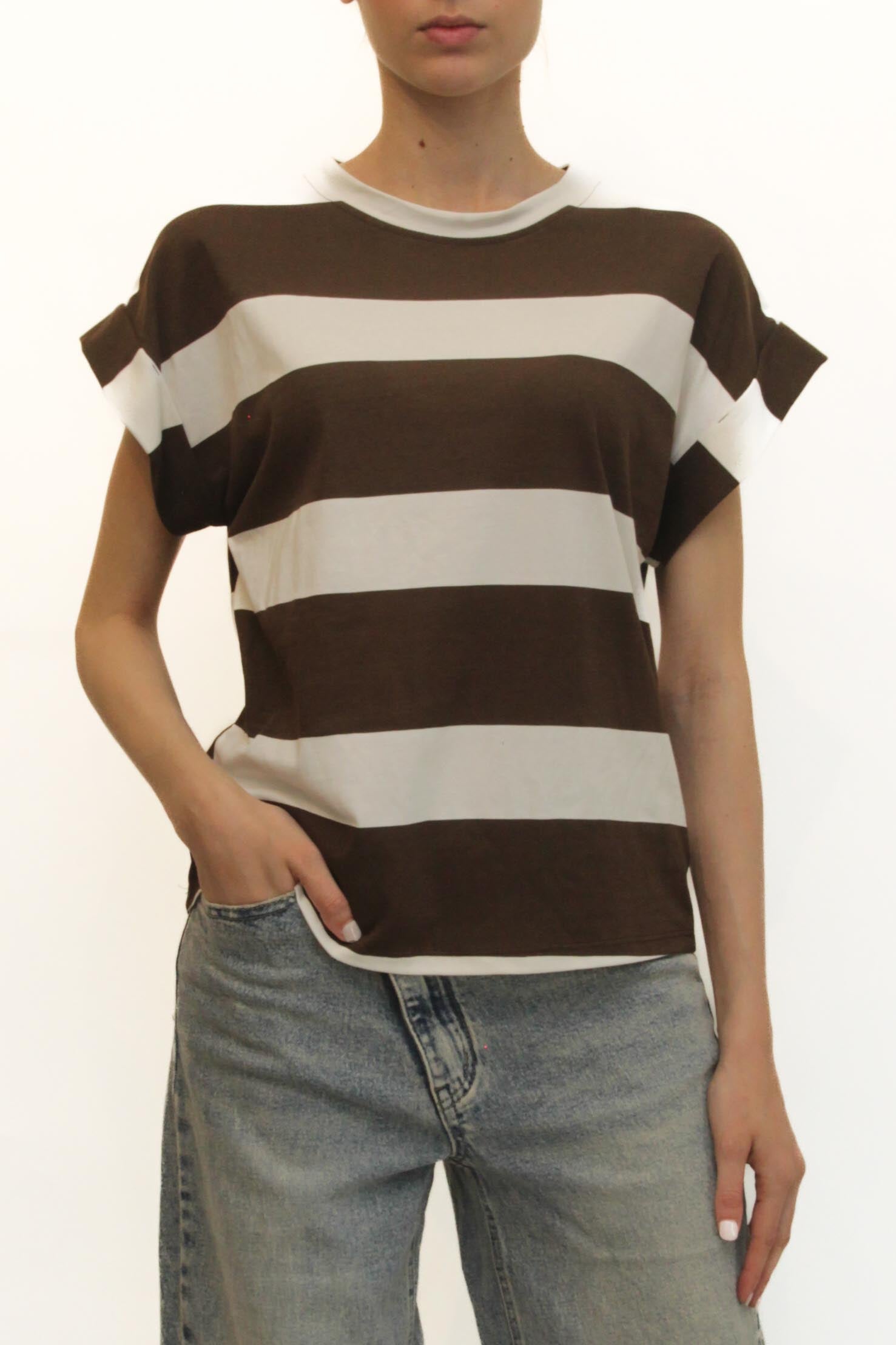 LEVH - T-shirt Tiziana - RIGA BIANCO/MARRONE