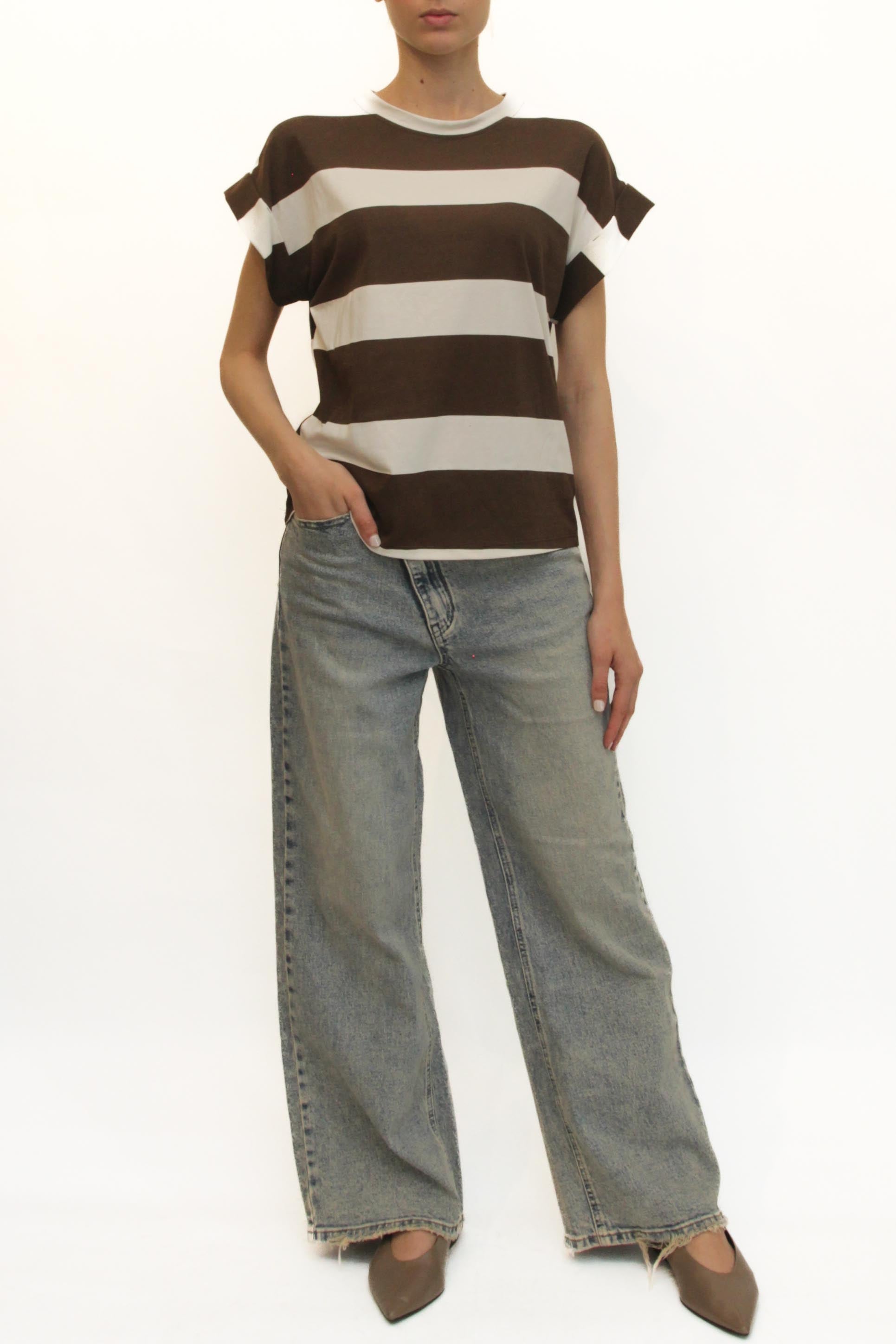 LEVH - T-shirt Tiziana - RIGA BIANCO/MARRONE