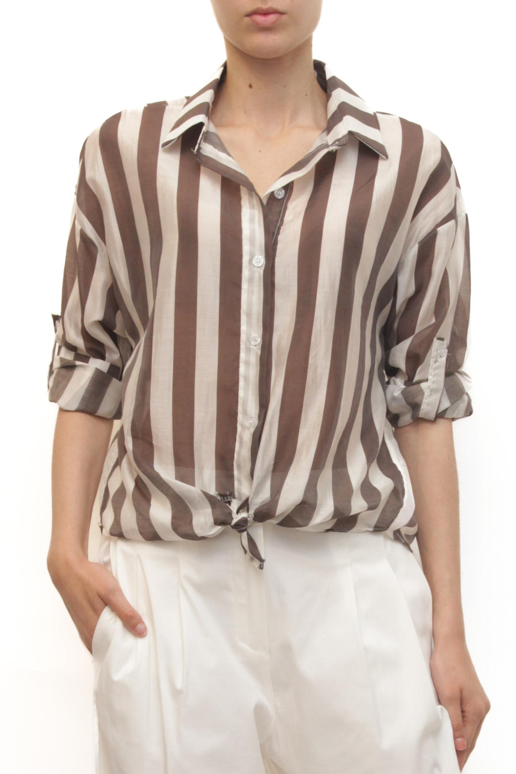 LEVH - camicia Clemenzia - RIGA BIANCO/MARRONE