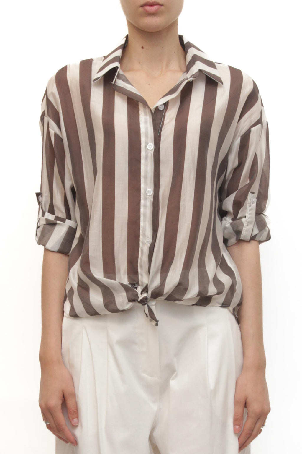 LEVH - camicia Clemenzia - RIGA BIANCO/MARRONE