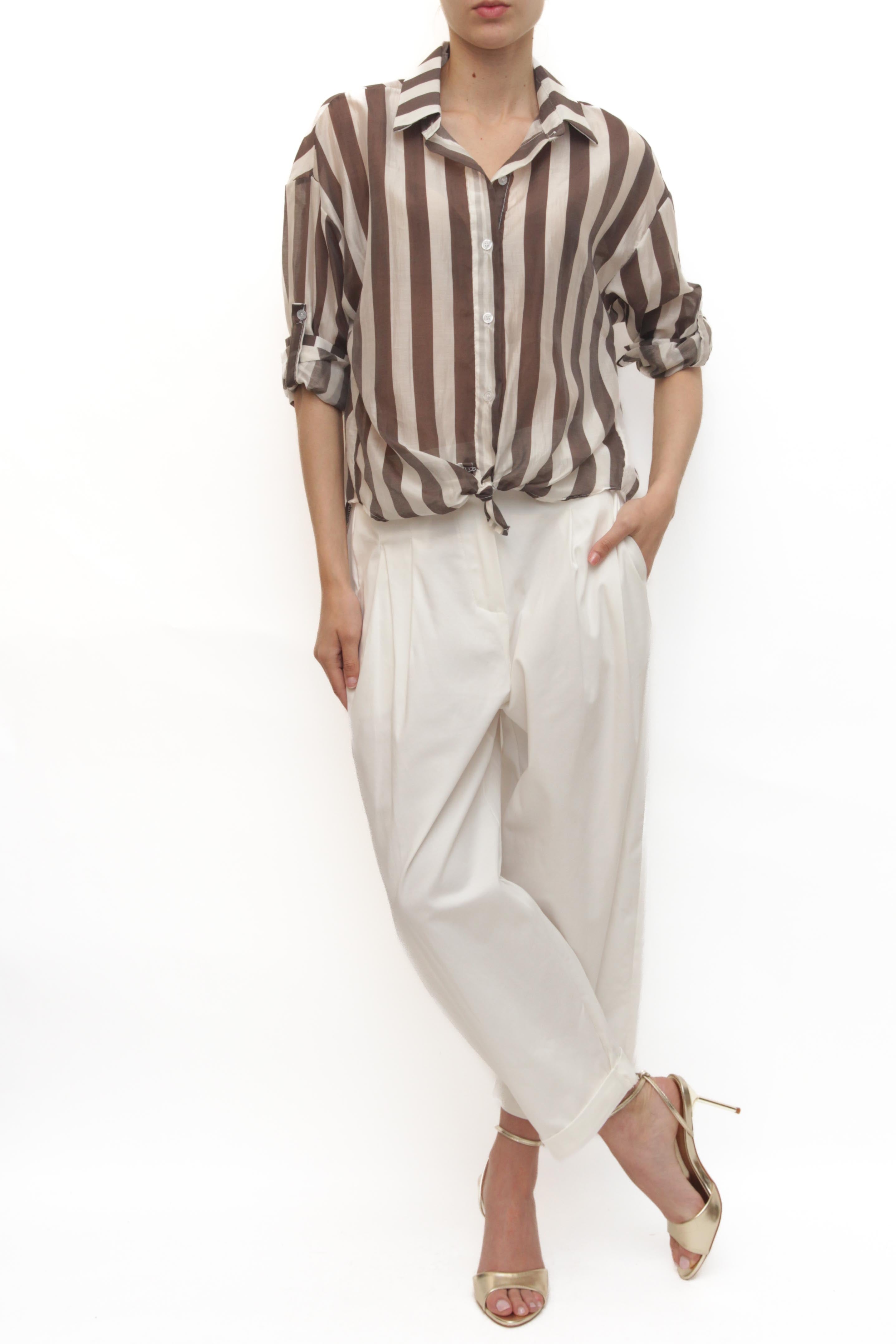 LEVH - camicia Clemenzia - RIGA BIANCO/MARRONE