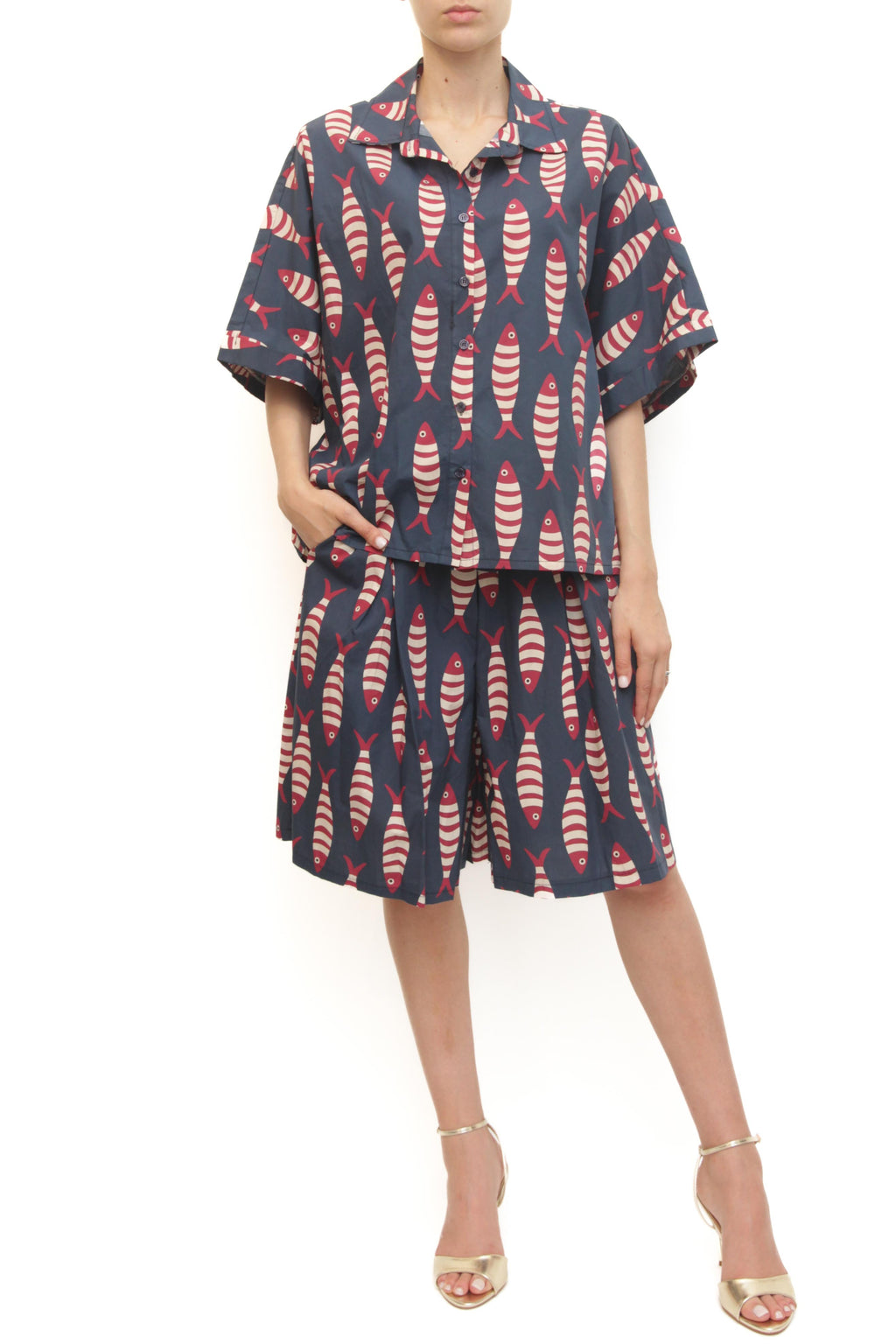 LEVH - Camicia Cristiana - Fantasia pesce blu/rosso