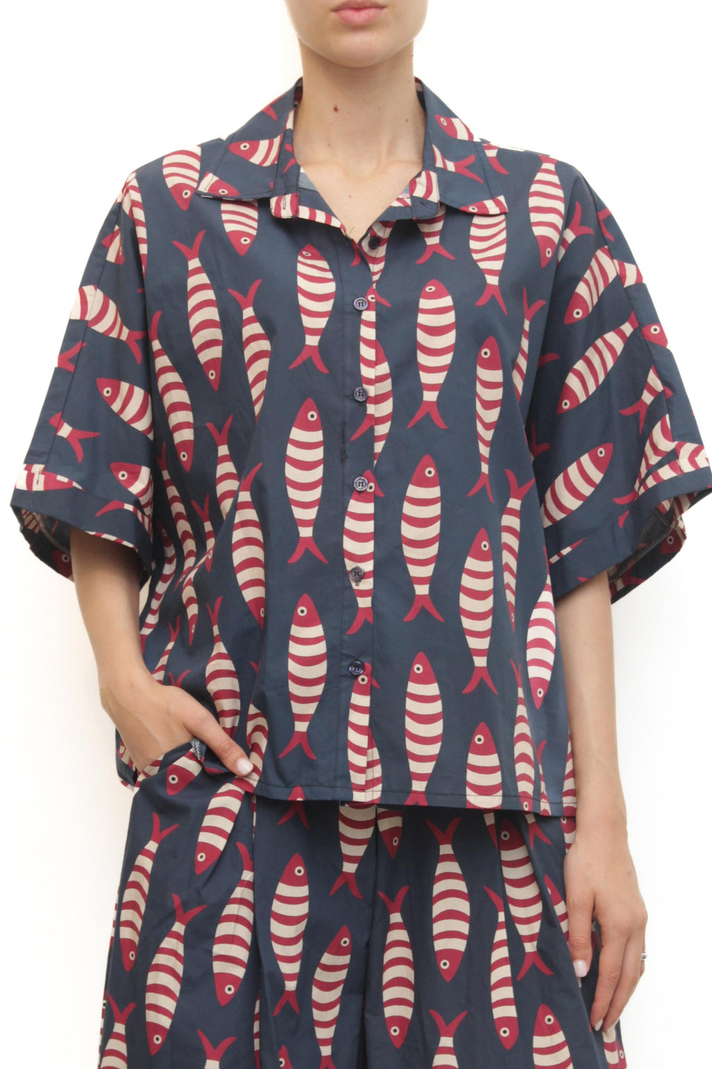 LEVH - Camicia Cristiana - Fantasia pesce blu/rosso