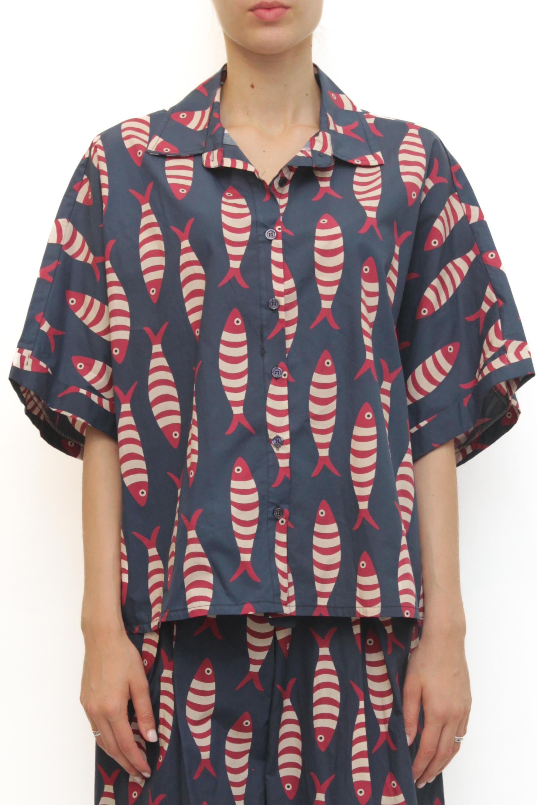 LEVH - Camicia Cristiana - Fantasia pesce blu/rosso
