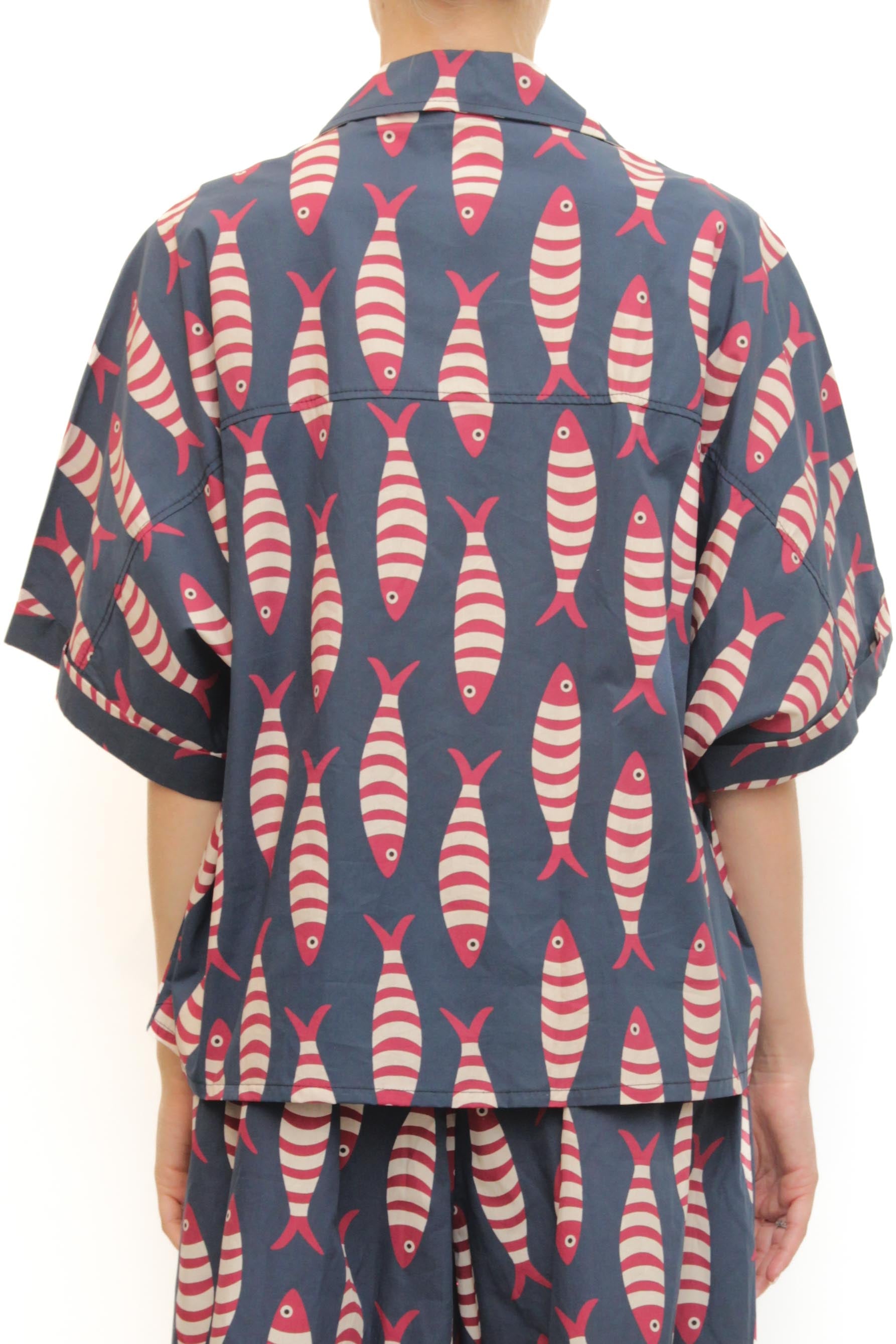 LEVH - Camicia Cristiana - Fantasia pesce blu/rosso