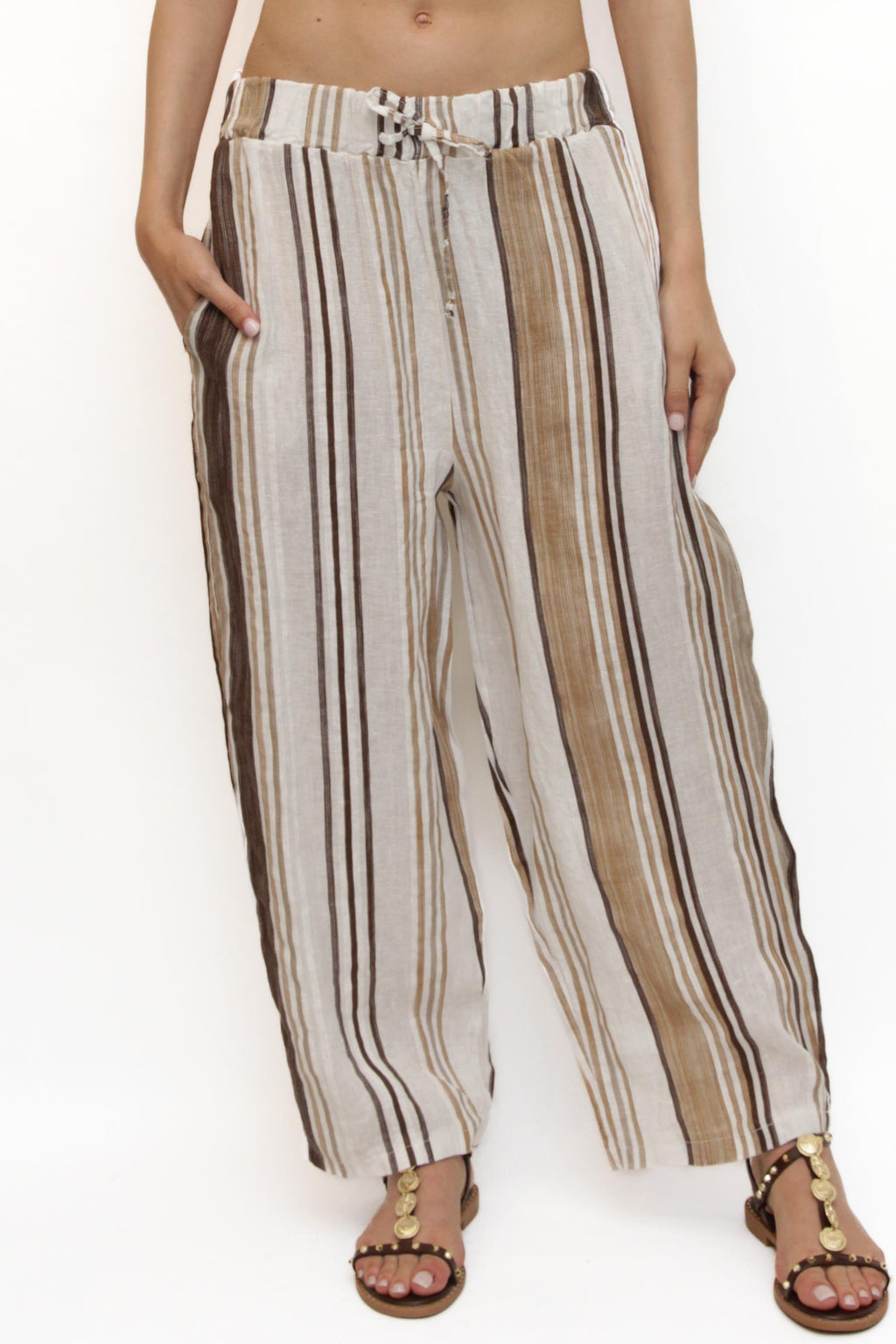 LEVH - Pantalone Primavera - Riga beige/bianco