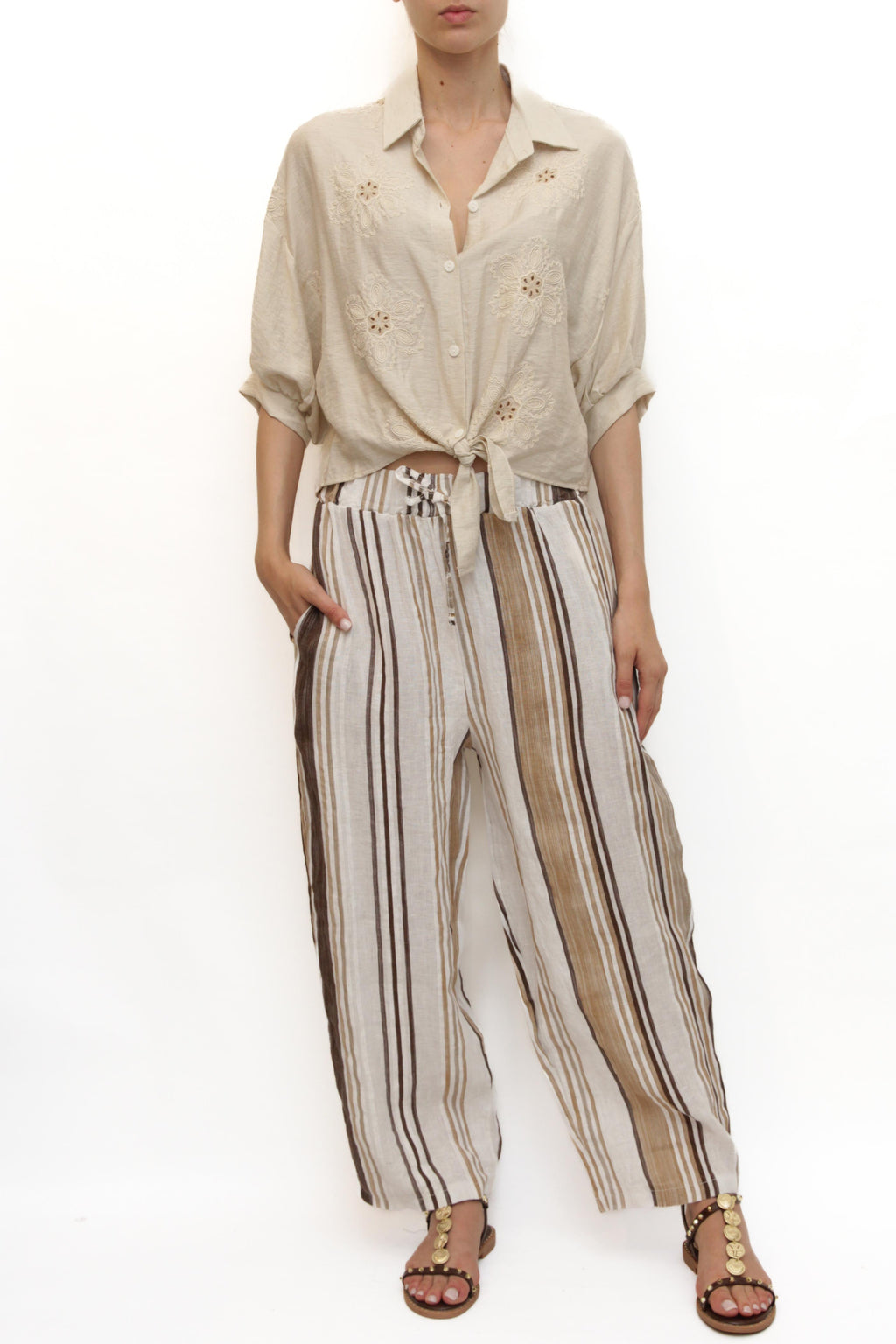 LEVH - Pantalone Primavera - Riga beige/bianco