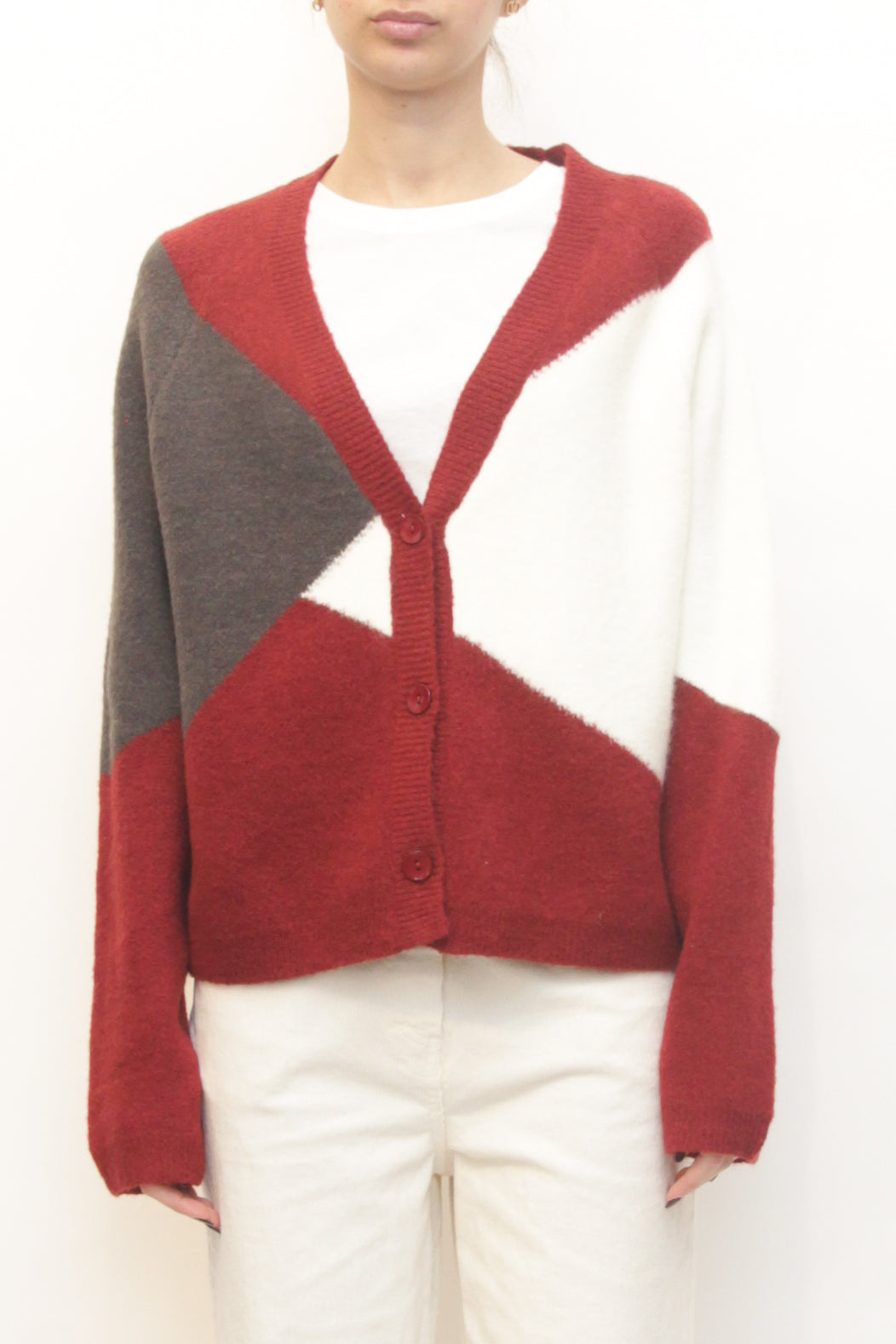 LEVH - Cardigan Skyler - Geometrico bordx/panna/antrax