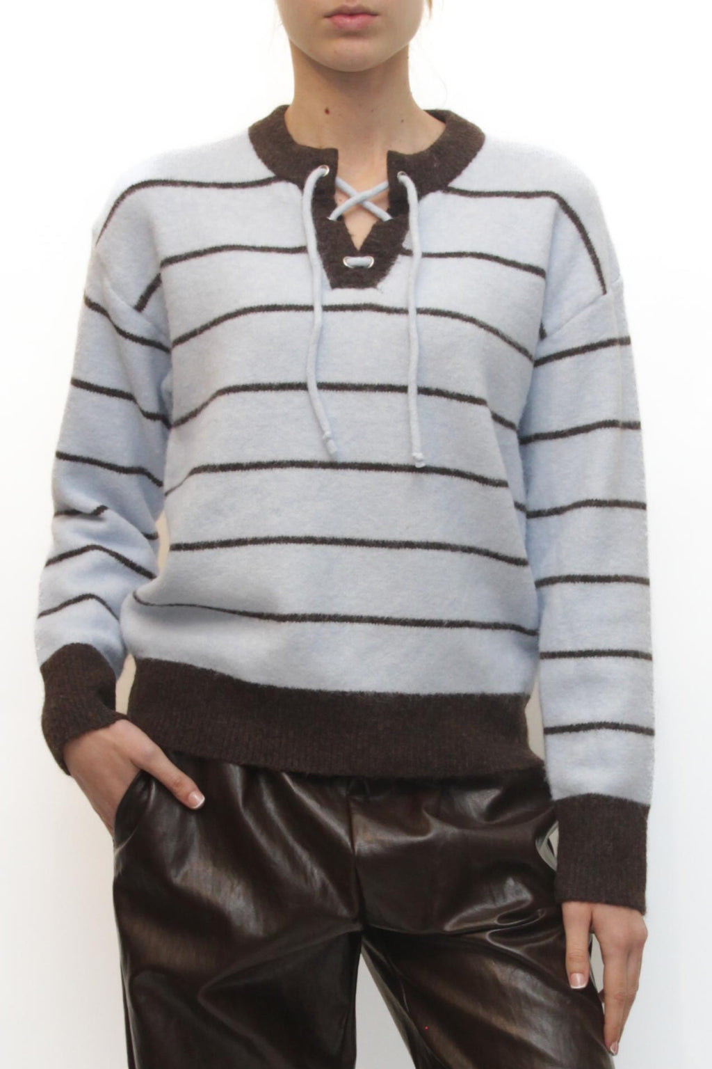 LEVH - Maglione Manon - CELESTE riga moka