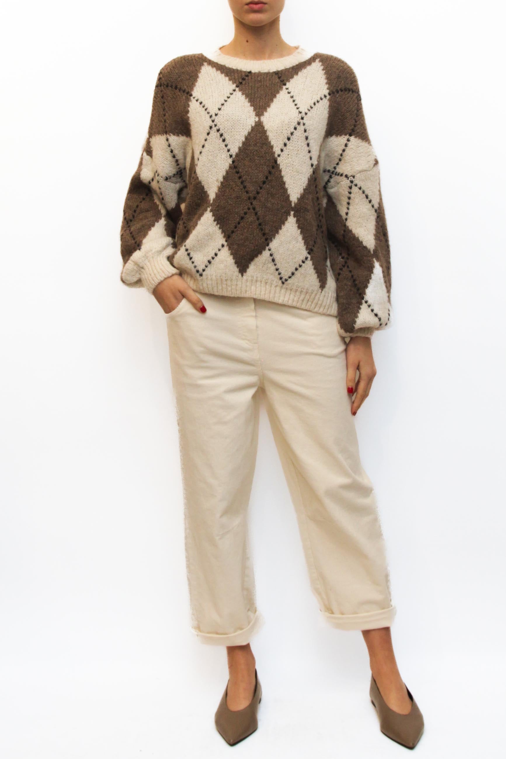 LEVH - MAGLIONE WALLY - Rombo tortora/bianco