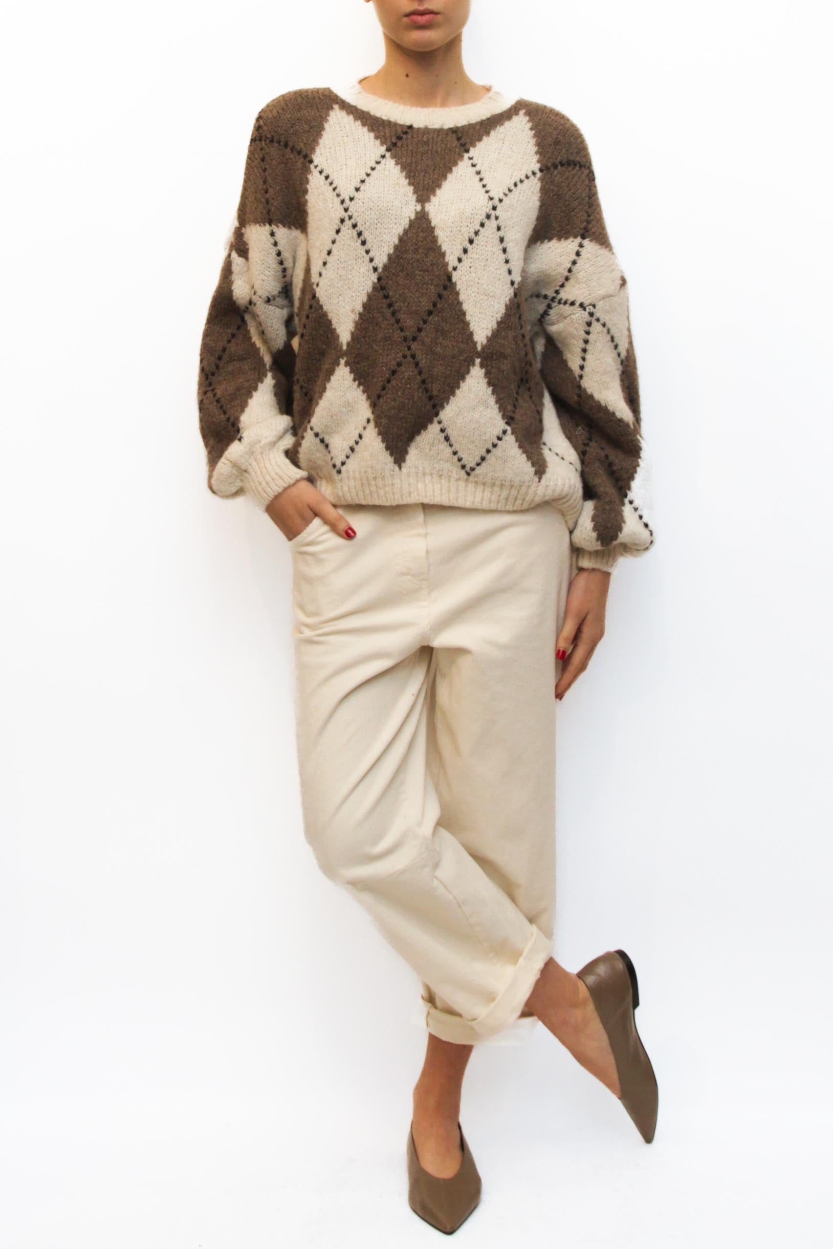 LEVH - MAGLIONE WALLY - Rombo tortora/bianco