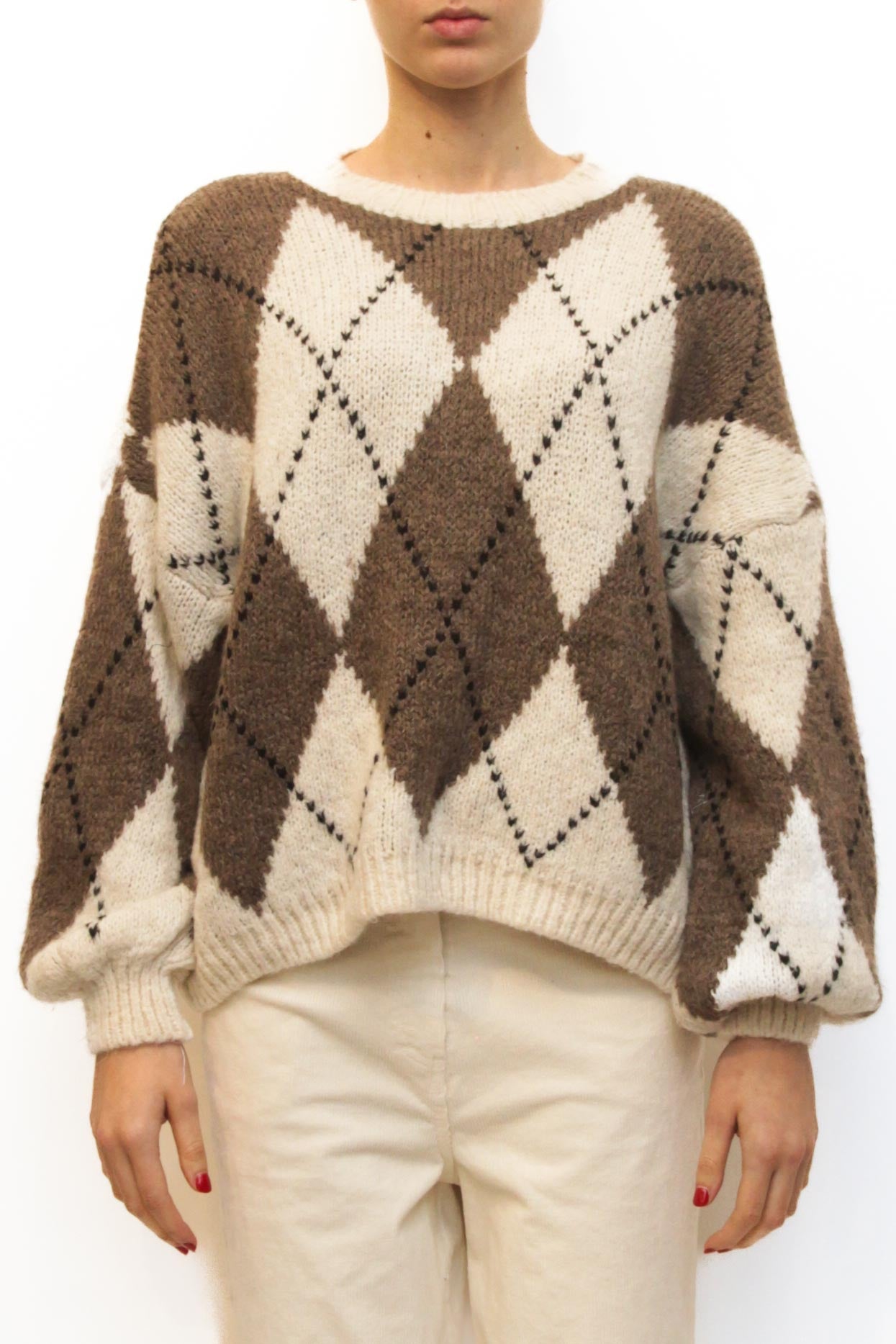 LEVH - MAGLIONE WALLY - Rombo tortora/bianco